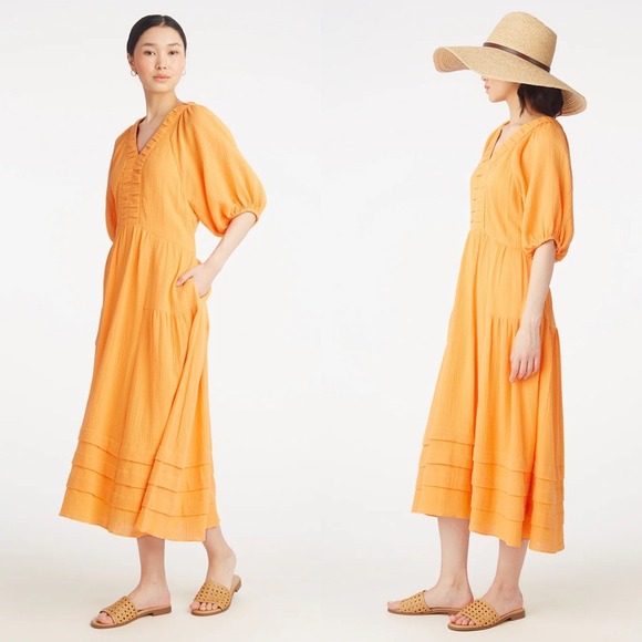 Draper James Chloe V Neck Midi Dress S Orange Crinkle Cotton Tiered‎ Puff Sleeve